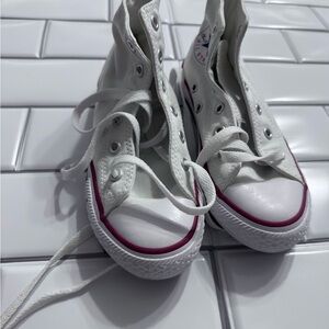 Classic White and Pink Kids High-Top Sneakers